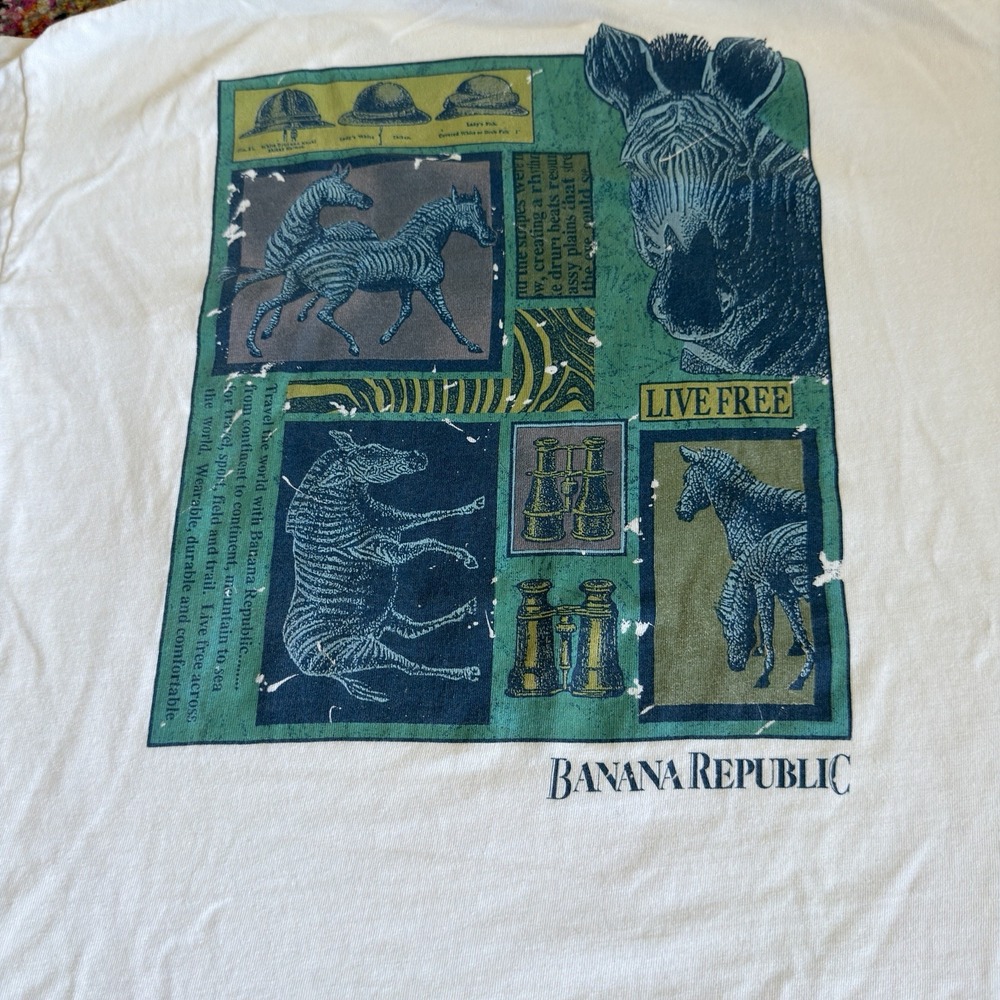 Vintage 80s Banana Republic Zebra Safari Pocket T-Shirt M White Live Free - Picture 2 of 8